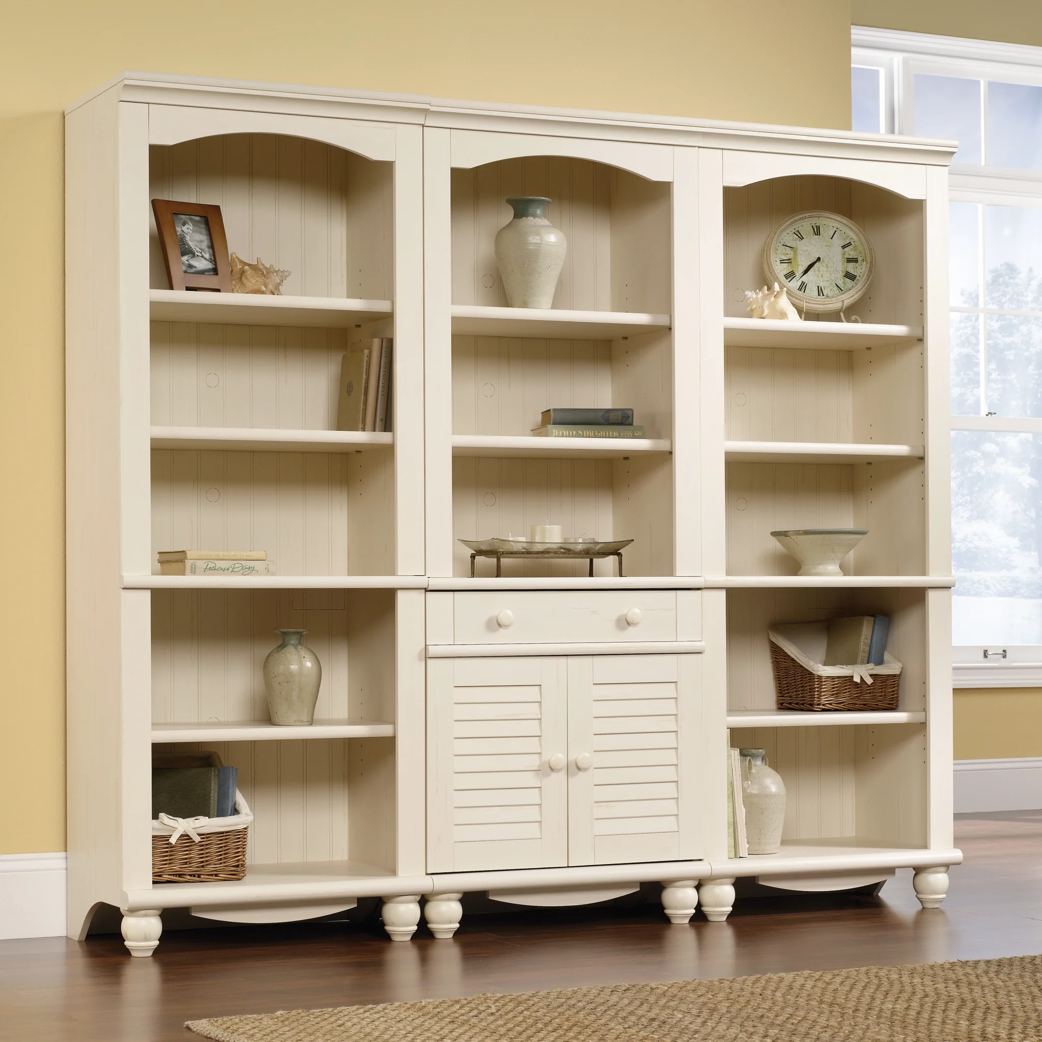 Sauder Harbor View 72" Library Bookcase, Antiqued White Finish