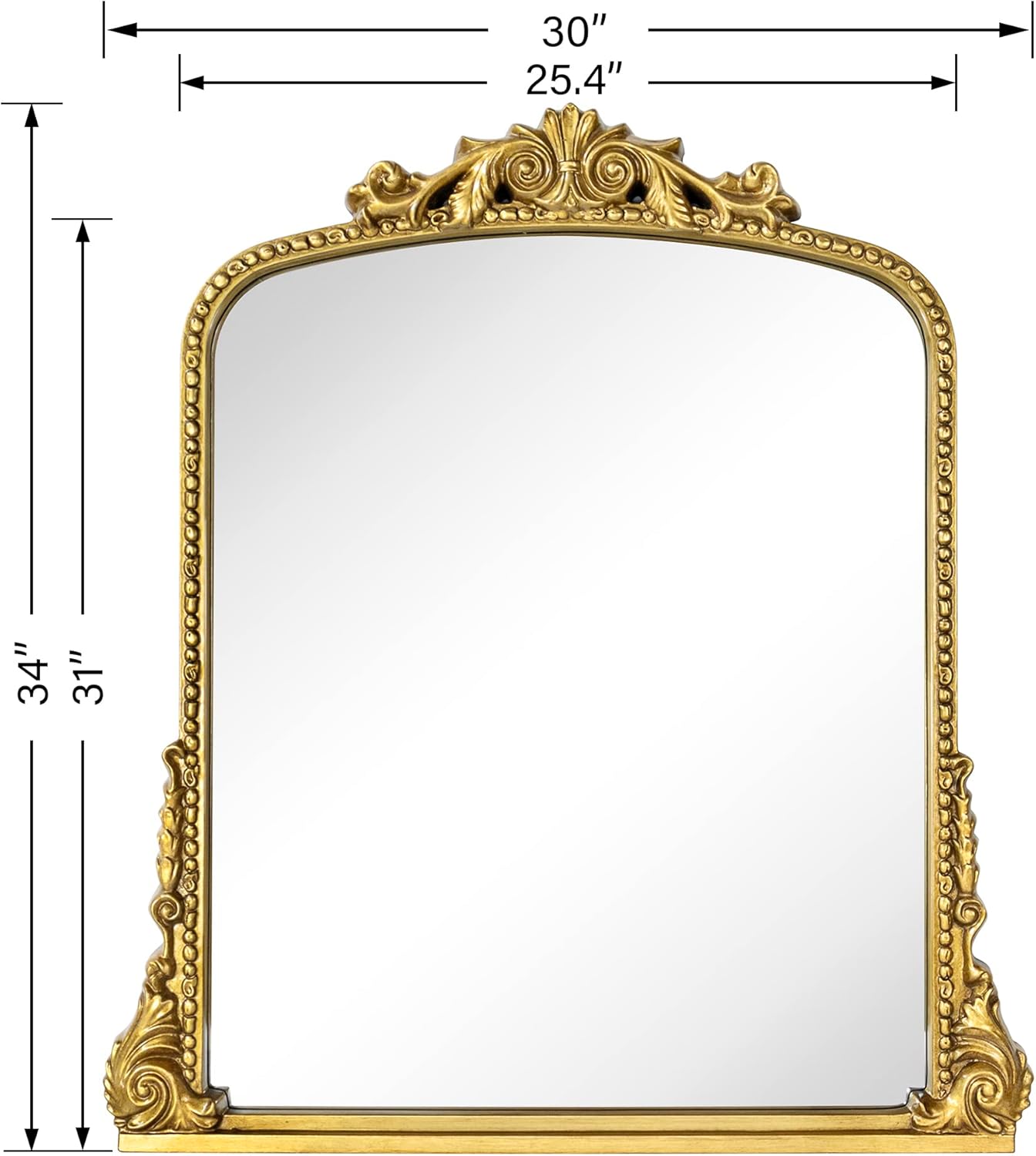 Antiqued Gold Ornate Mirror Arched Mantel Wall Mirror Baroque Inspired Bathroom Vanity Rectangle Wall Mounted Mirror, 30 x 34''