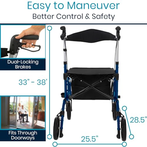 Vive 2 in 1 Rollator Transport Wheelchair Walker for Seniors - Lightweight, Foldable, Medical 4 Wheel Chair Combo with Seat - Portable Walking Mobility Aid for Men Women, 300 Pound Capacity