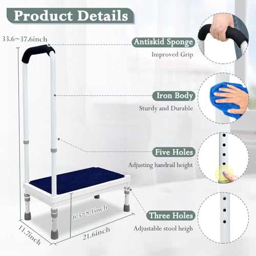 Medical Step Stool with Handle Bed Steps for High Beds for Adults Elderly 3-in-1 Safety Bed Handle Bedside Assist Handicap Wide Foot Step Stool for Bedroom, Bathtub, SUV Car (21.65-stool)