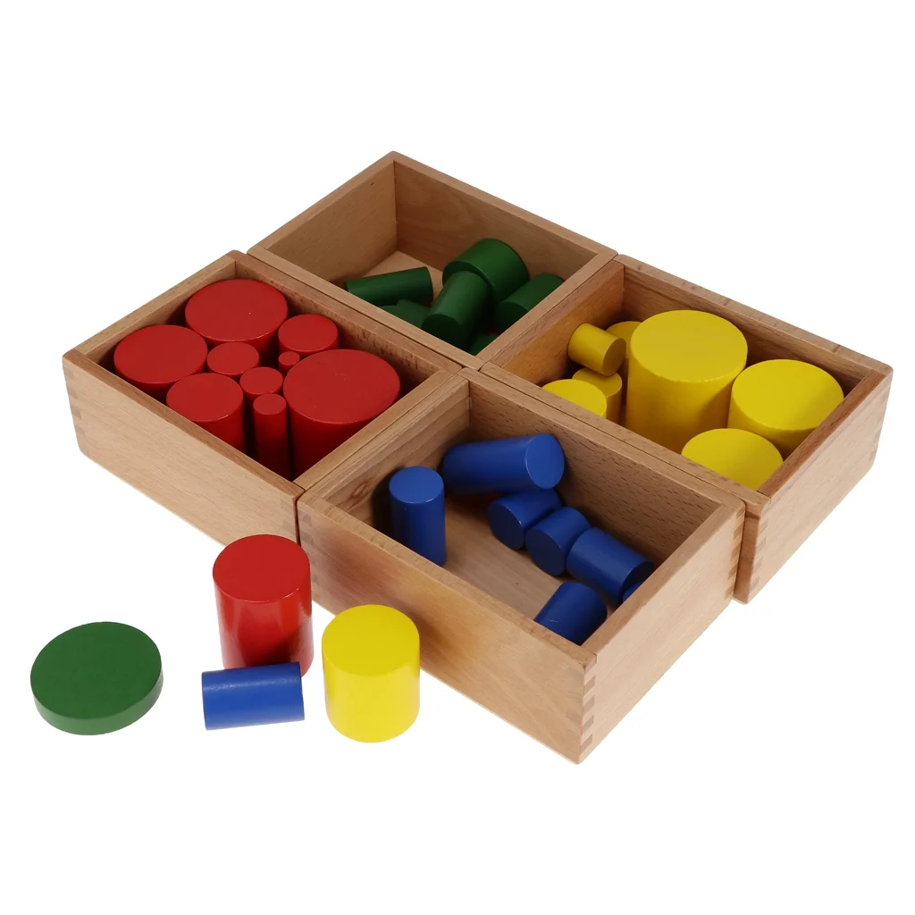 4 Sets Beechwood Montessori Knobless Cylinder Blocks Family Game Wooden Toy