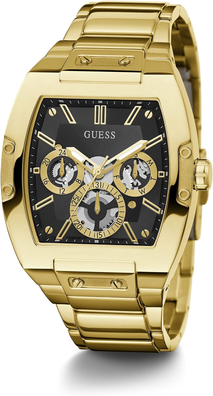 GUESS Men's Trend Multifunction Tonneau 43mm Watch – Black Dial Gold-Tone Stainless Steel Case & Bracelet