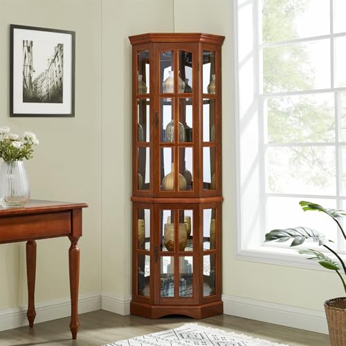 Corner Curio Display Cabinet with 5 Shelves and Lighting System, Wooden Accent China Cabinet with Tempered Glass Doors for Living Room, Bar and Liquor Storage Area (Oak)