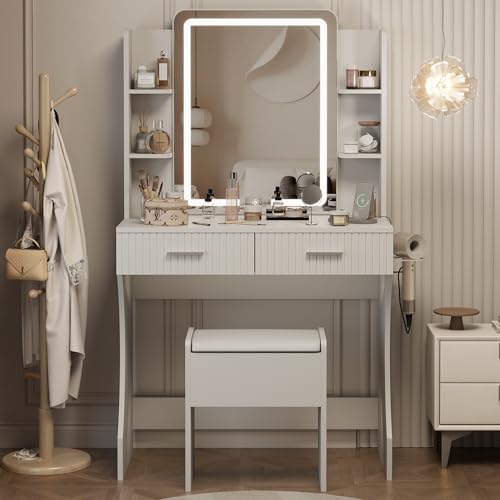 Vanity Desk with LED Lighted Mirror, Makeup Vanity with 3 Adjustable Lights, 2 Large Drawers and 4 Open Shelves, White Vanity with Storage Stool for Bedroom