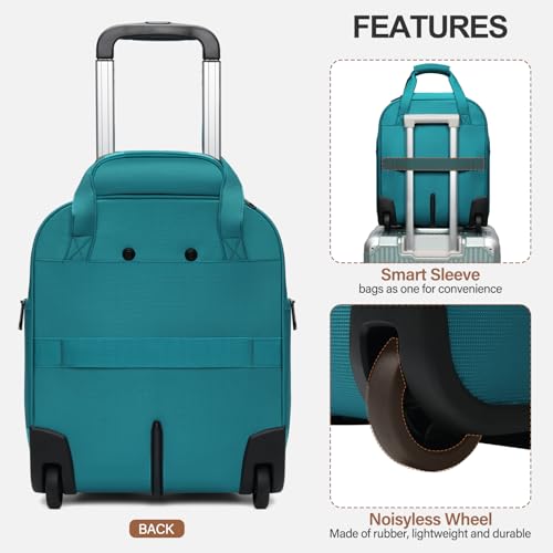 Personal Item 16-Inch Underseat Carry on Luggage With Wheels Lightweight Wheeled Underseater under seat bags for airplanes Upright 2 Wheel Teal Green