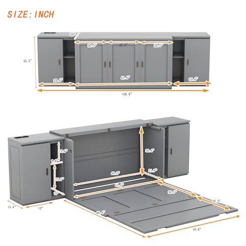 Queen Murphy Bed with Shelves, Modern Wall Bed Murphy Bed with Shelves, Cabinets, USB Ports, Wood Murphy Bed Cabinet Bed, Murphy Bed Chest Murphy Bed Frame for Guest Bedroom, Space-Saving, White