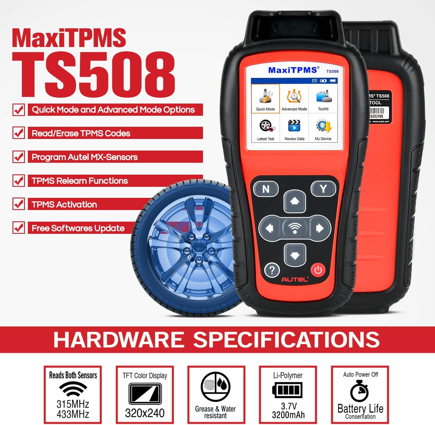 Autel TS508 TPMS Relearn Tool with $240 Value Sensor Kit (4 PCS 315MHz & 4PCS 433MHz), Upgrade of TS501, TS408, Program MX-Sensors, Activate/Relearn All Sensors, Read/ clear TPMS DTCs