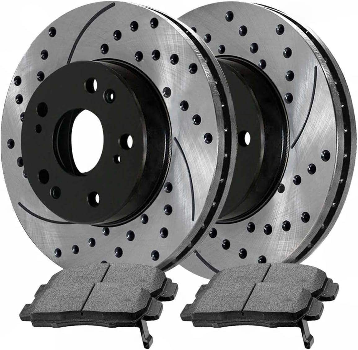 8pcs Ceramic Brake Pad Sets 4pcs Drilled and Slotted Rotors Kit Front Rear Side Black Performance Drilled and Slotted SCD787PR41259 980138R EHT537H