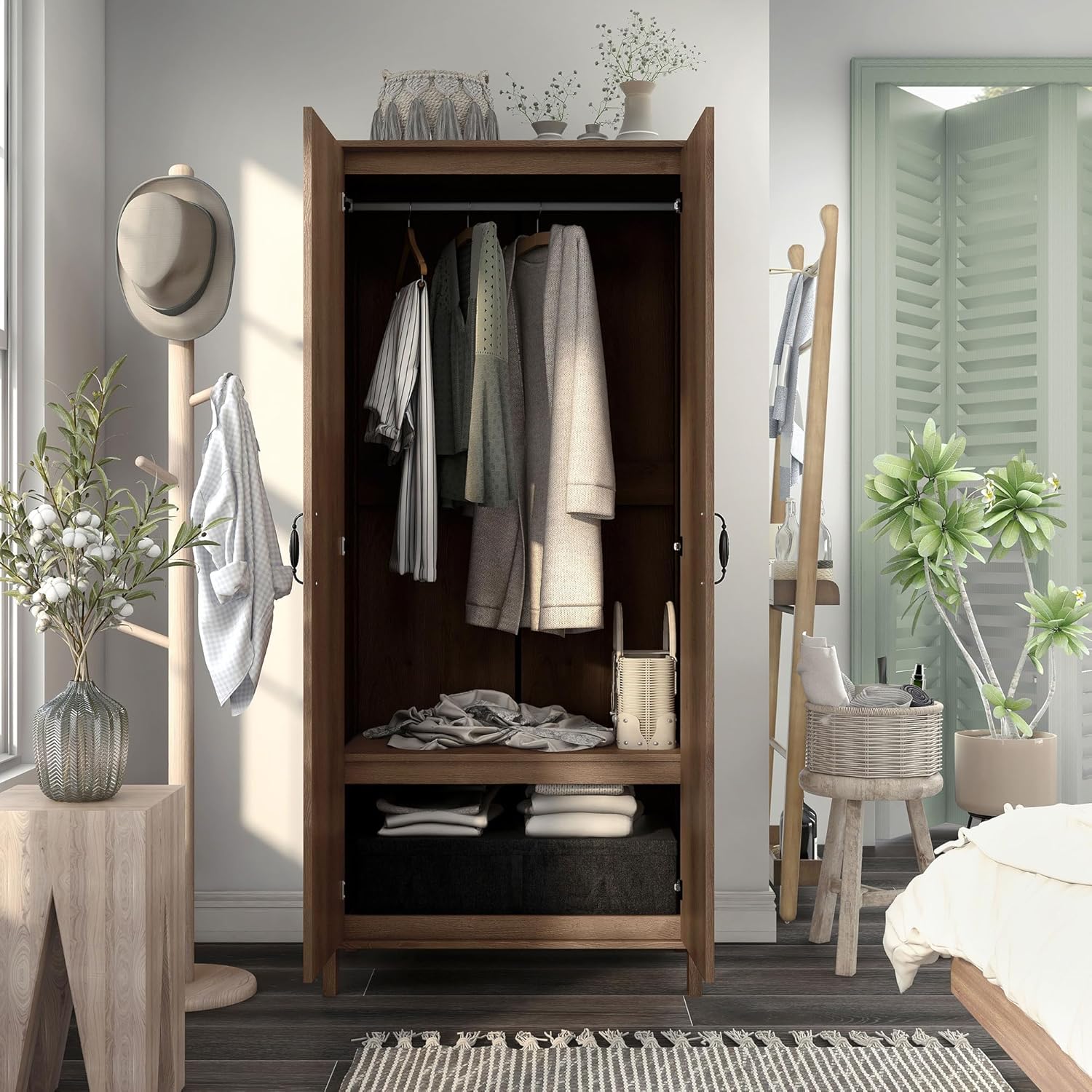 24/7 Shop at Home Piper Farmhouse 2-Doors Wood Armoire Wardrobe Closet with Fixed Shelves and Hanging Rack, Freestanding Clothes Cabinet for Bedroom, Guest room, Basement, Walnut Brown