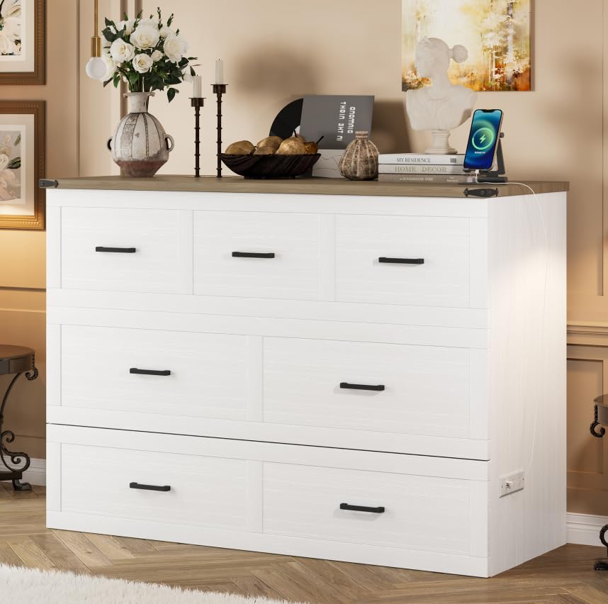 Bellemave Queen Murphy Bed, Cabinet Bed with Charging Station and Storage, Farmhouse Murphy Cabinet with Foldable Panel, Noisy Free, for Guest Bedroom, Living Room, Office, Rustic Gray