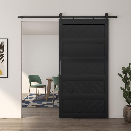 JUBEST 36" x 84" Barn Door, Slding Barn Door Kit Wave Shape Barn Door Panel with Hardware Kit Include, Easy Installation, Solid Wood, MDF & PVC Covered, Black