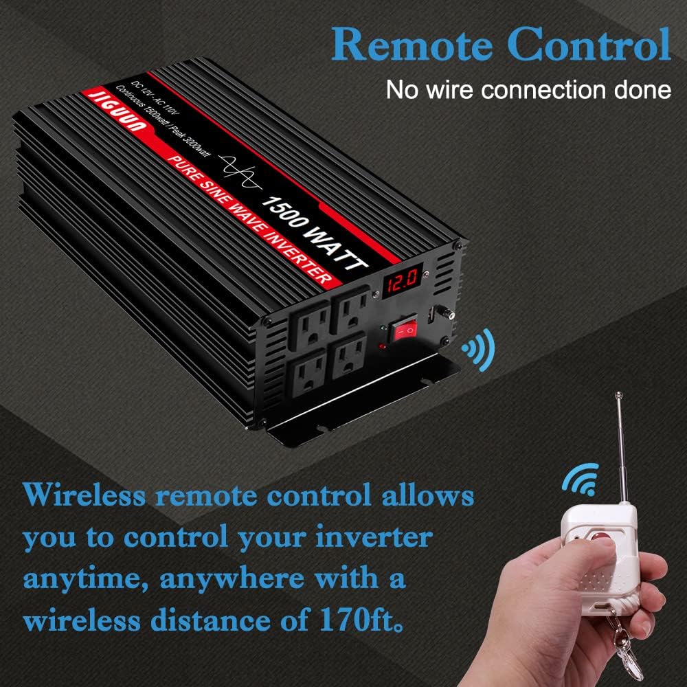 JIGUUN 3000 Watt/6000 Watt Pure Sine Wave Inverter, Power Converter 12V DC to 110v/120v AC, Car Inverter with 4 AC Outlets&USB Port 170ft Wireless Remote Control for RV Camping Truck(3000W-12V)