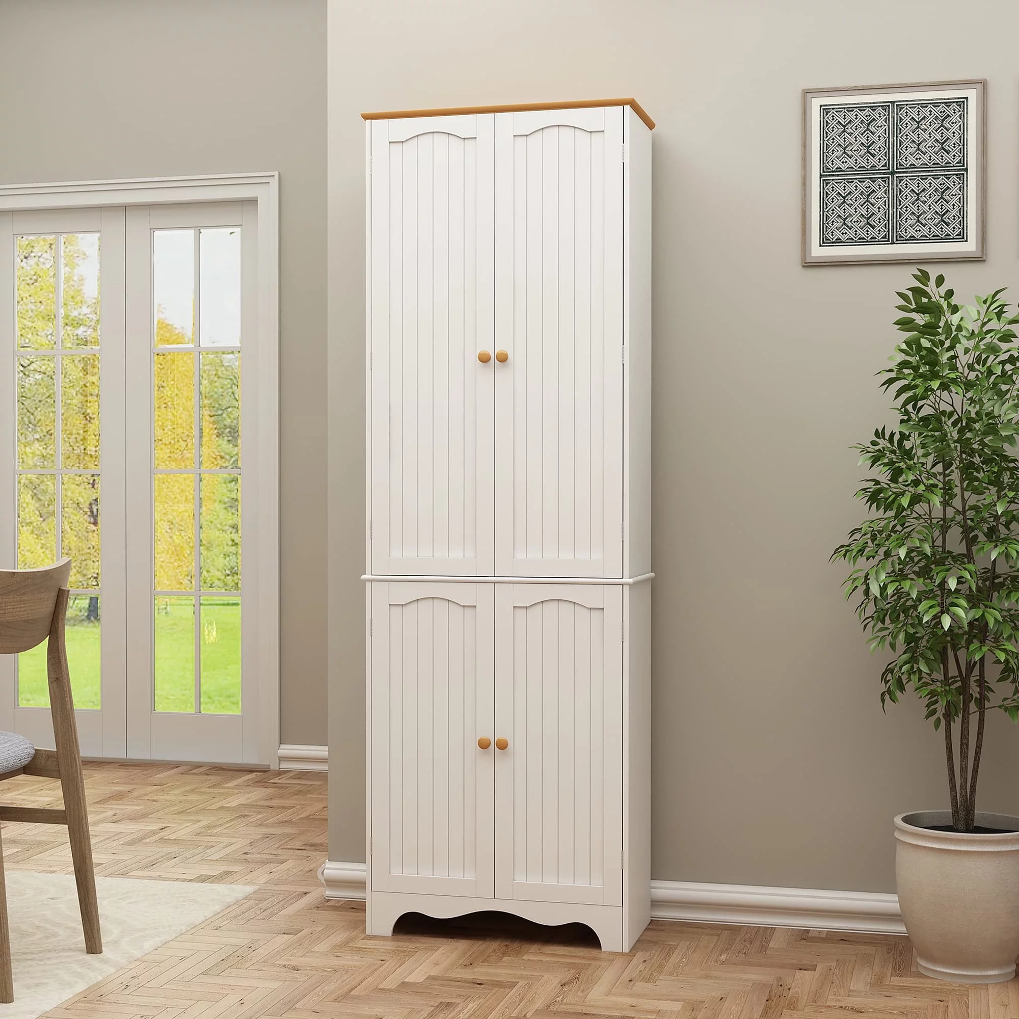 Yusong 72'' Tall Kitchen Pantry Cabinet, Farmhouse Storage Cabinet with 4 Doors and 2 Adjustable Shelf, Freestanding Wooden Cupboard Buffet for Home Dining Room Living Room Entryway, White and Honey