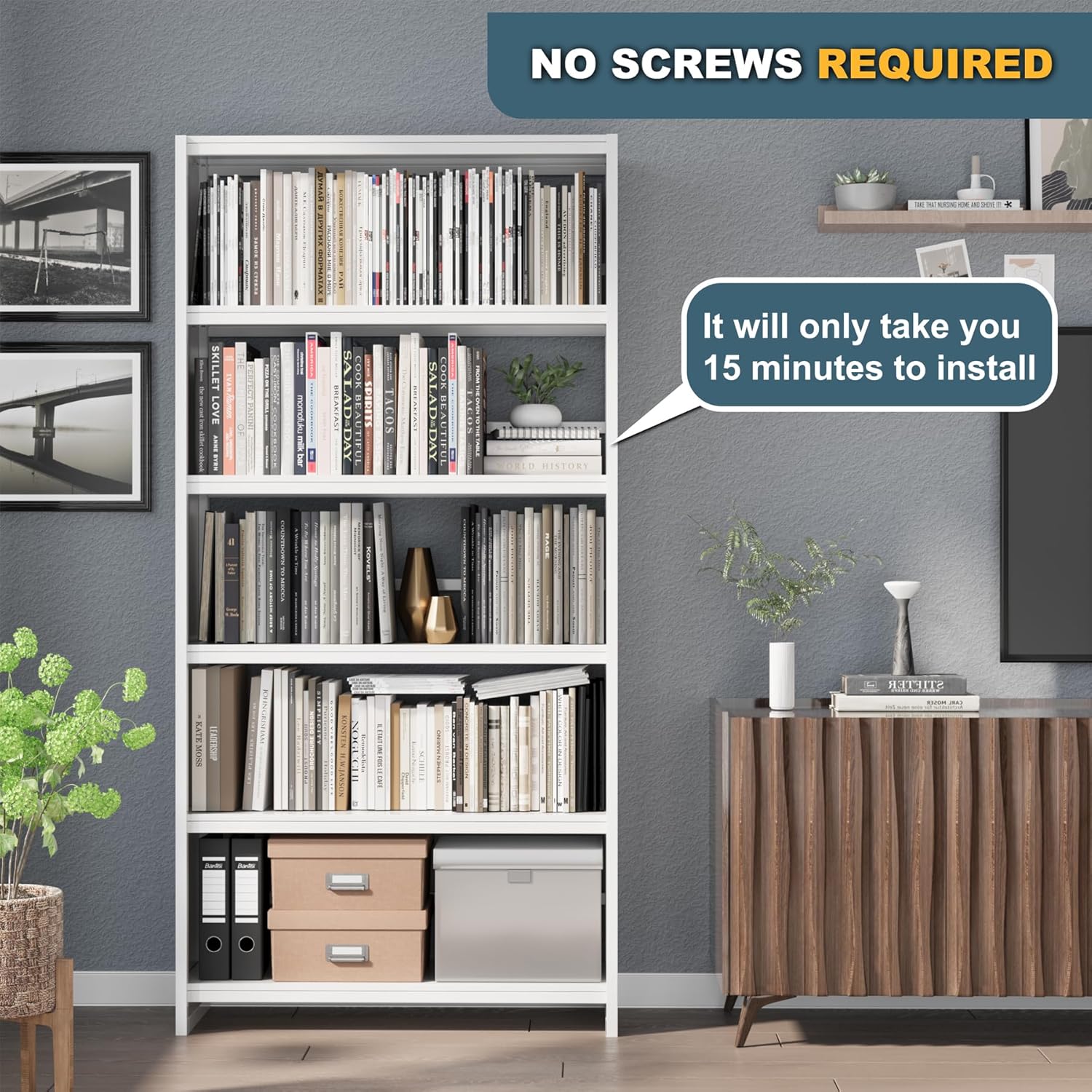 Metal Bookshelf,5 Tier Bookshelves,69" Tall White Bookcase Shelf Storage Organizer,Free Standing Storage Shelving Unit for Home Office,Library White Bookshelf Bookcase