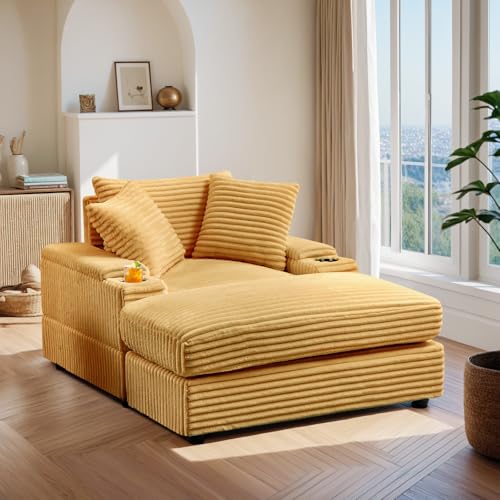 Oversized Chaise Lounge Chair Indoor with Ottoman,43.3" W Corduroy Upholstered Modern Sofa Couch with Storage Spaces&Cup Holder,Comfy Reclining Sleeper Chair for Living Room,Office(Green)
