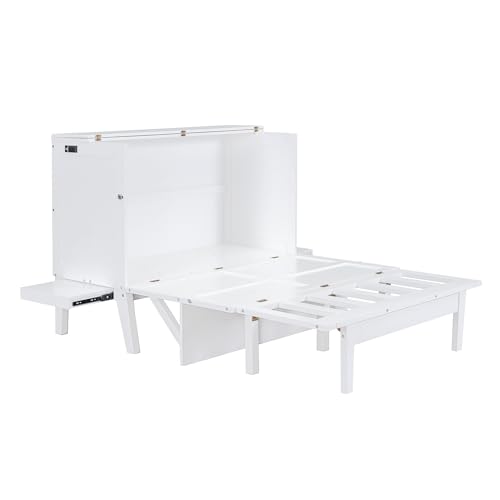 Full Size Murphy Bed with Built-in Dual Power/USB Port and Removable Shelves on Each Side, Space-Saving Design Cube Cabinet with Desks for Home Office, Easy Assemble, Gray