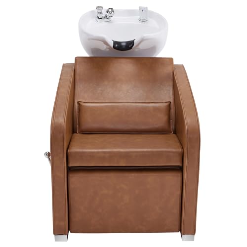 BarberPub Backwash Shampoo Station Chair, Adjustable Porcelain Ceramic Hair Wash Bowl Sink Unit Station, Reclining Shampoo Station Chair for Spa Beauty Salon Hair Salon Equipment 9303 (Beige)