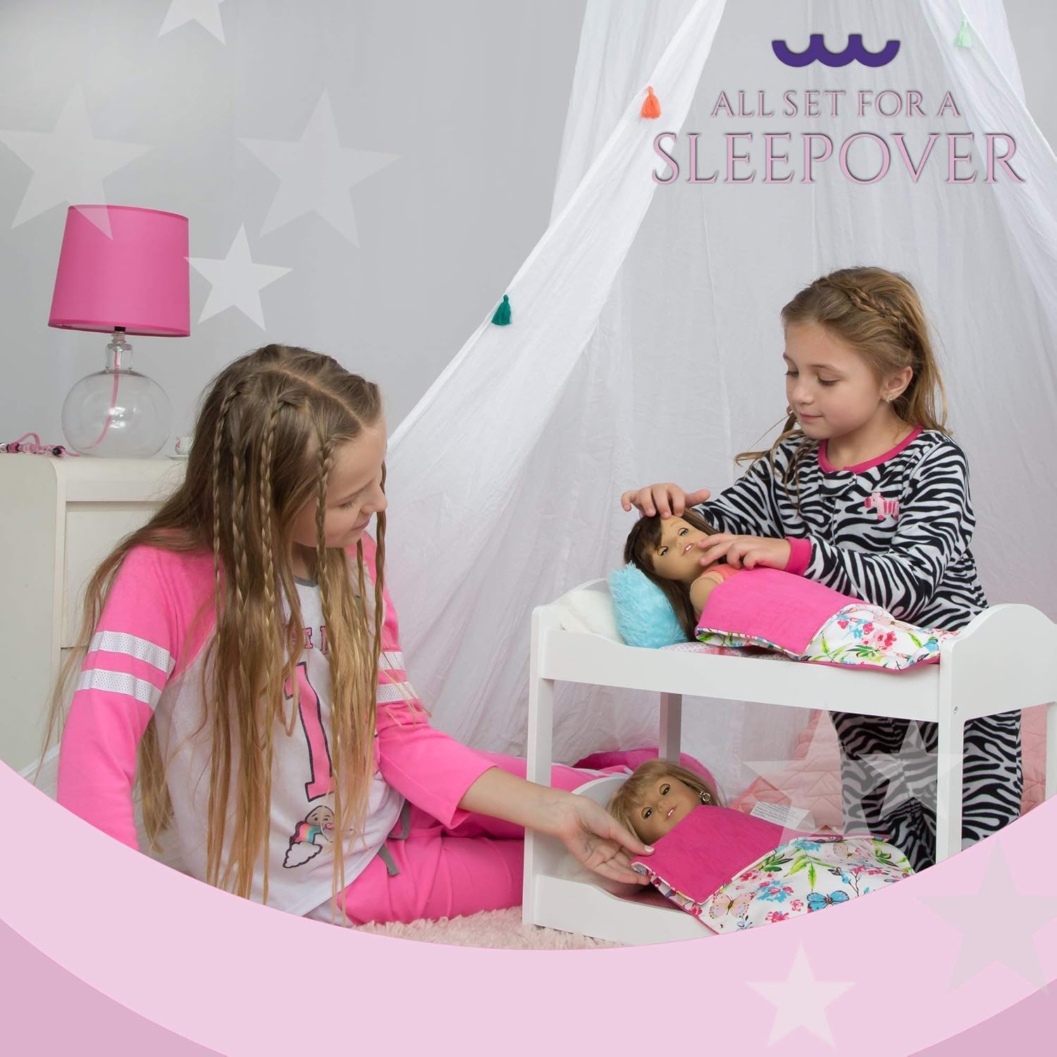 PZAS Toys Doll Bunk Bed - Doll Bunk Bed for 18 Inch Dolls 23 Piece Set Complete with Linens, Pajamas, and Shelves, Fits American Girl Doll