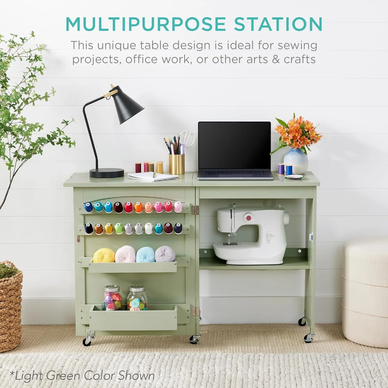 Folding Sewing Table Multipurpose Craft Station & Side Desk with Compact Design, Wheels, Shelves, Storage Trays, Pegs, Magnetic Doors, Metal Doorknobs - Gray