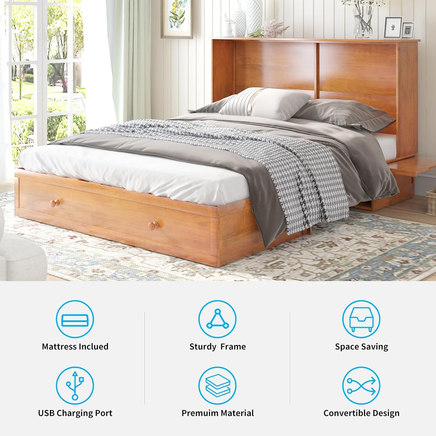 MUZZ Queen Size Cabinet Murphy Bed, Murphy Bed with Foldable Foam Mattress, Space-Saving Cube Murphy Bed with Charging Station and Large Storage Drawer (Cherry)