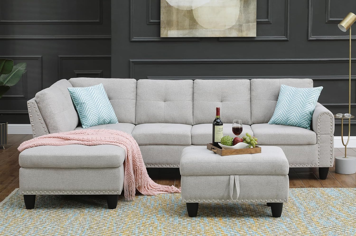 98" Left Hand Facing Sofa & Chaise with Storage Ottoman and Rounded Arms, L-Shaped Upholstered Corner Couch w/Cup Holders & 2 Toss Pillows for Living Room, Office, Apartment, Light Gray