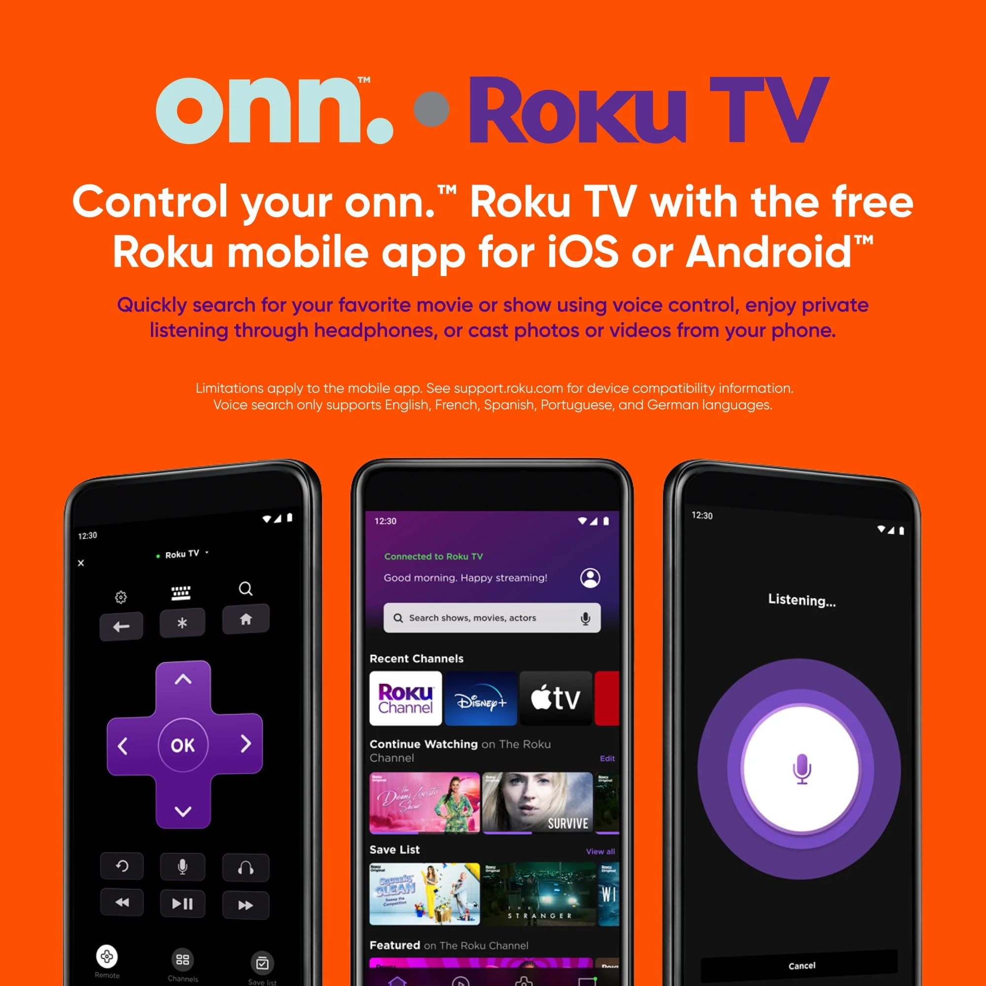onn. 65” Class 4K UHD (2160P) LED Roku Smart Television HDR (100012587)