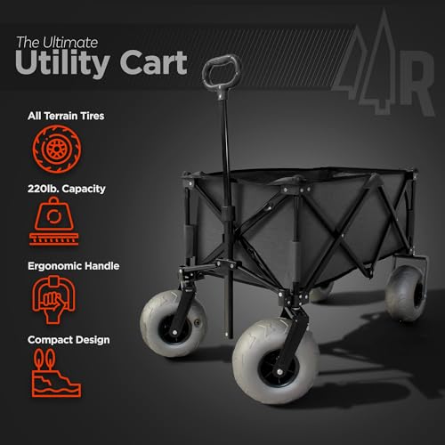 Beach Wagon with Big Wheels for Sand - All Terrain Steel Frame Utility Cart with 9" Pneumatic Tires, Collapsible Folding Design (Sand Warrior RX800 Green)