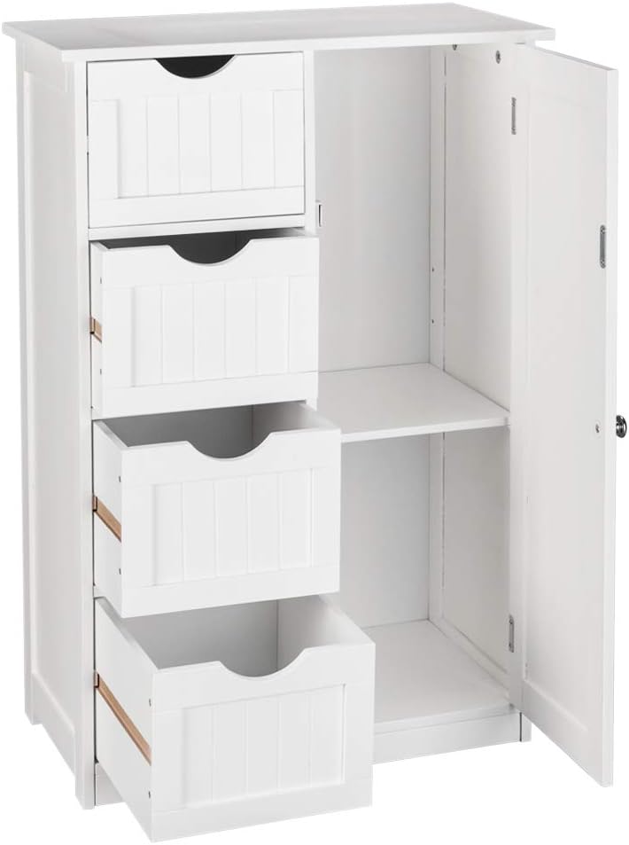 Bathroom Floor Cabinet storage unit with 4 Dawers and Single Door Cabinet, Entryway Storage Cabinet, Freestanding Storage Cabinet for Living Room Kitchen Hallway, White 21.7"L x 11.8"W x 31.9"H