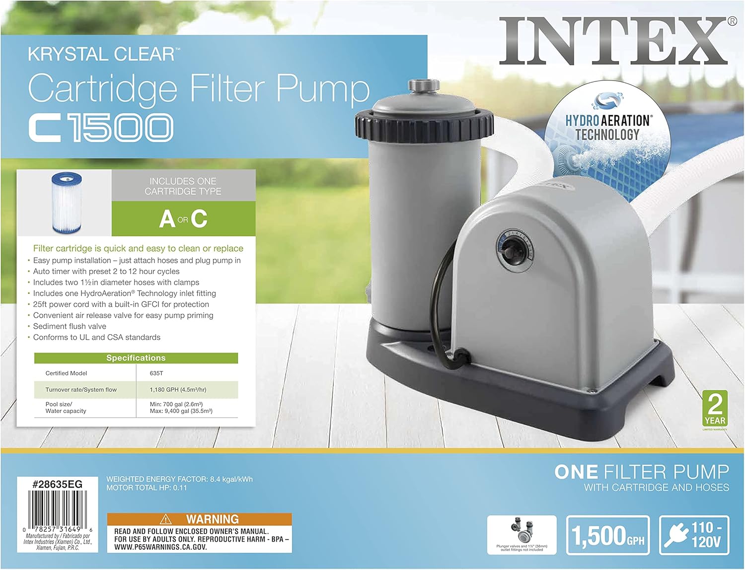 INTEX 28635EG C1500 Krystal Clear Cartridge Filter Pump for Above Ground Pools, 1500 GPH Pump Flow Rate