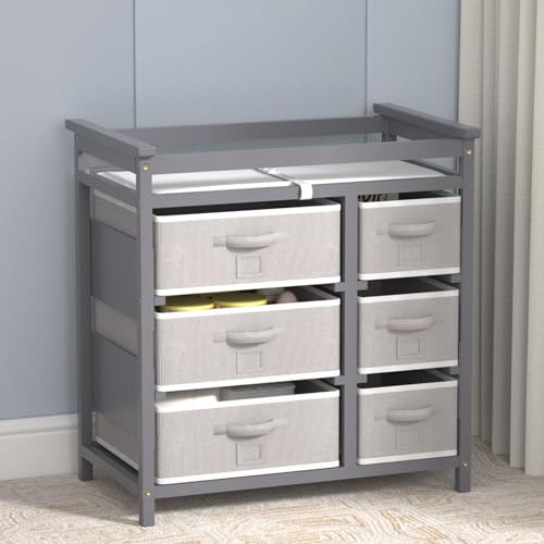 KORIMEFA Modern Baby Changing Table, Diaper Changing Table, with 6 Storage Drawers and Changing Pad, White