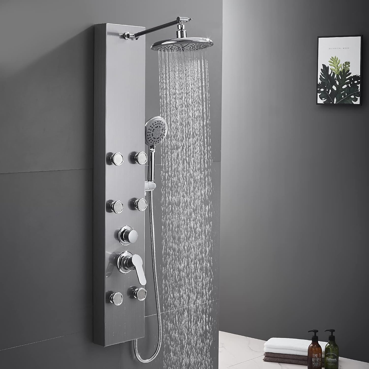 ROVATE Rainfall Shower Tower Panel System, Shower Tower with Adjustable Rain Overhead Shower + 4 Modes Handheld + 4 Body Message Jets + Waterfall Tub Spout + LCD Display, Brushed Surface