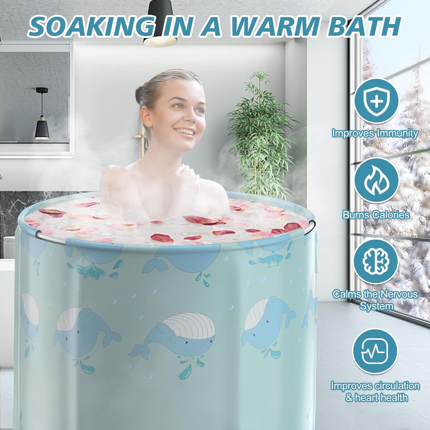 Portable Bathtub for adults, DAILYLIFE Japanese Soaking Bath Tub for Shower Stall, Foldable Bathtub with Thermal Foam, Freestanding, Folding & Soaking Spa Bath Tub with Pillow for Small Space(Dolphin)