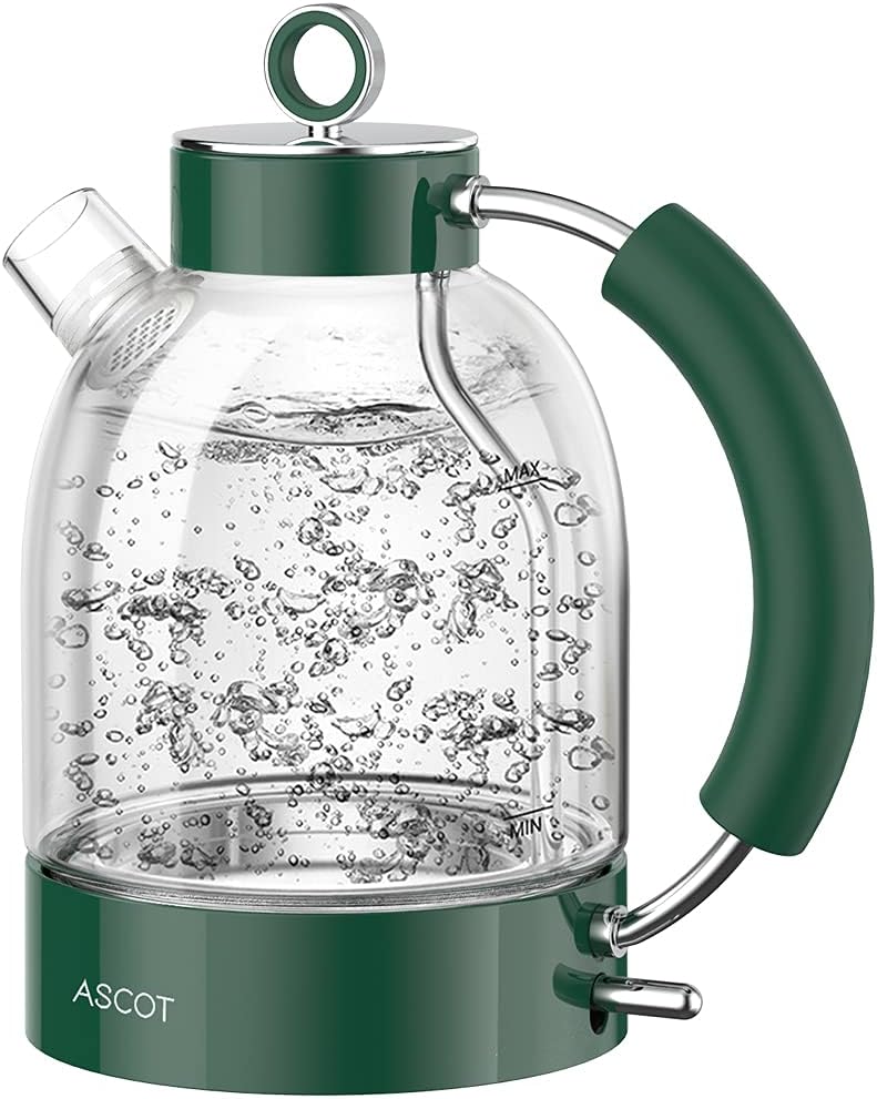 Electric Kettle, ASCOT Glass Electric Tea Kettle 1.7L, 1500W, Stainless Steel Tea Heater & Hot Water Boiler, Borosilicate Glass, BPA-Free, Cordless, with Auto Shut-Off and Boil-Dry Protection-Beige Pack of 2