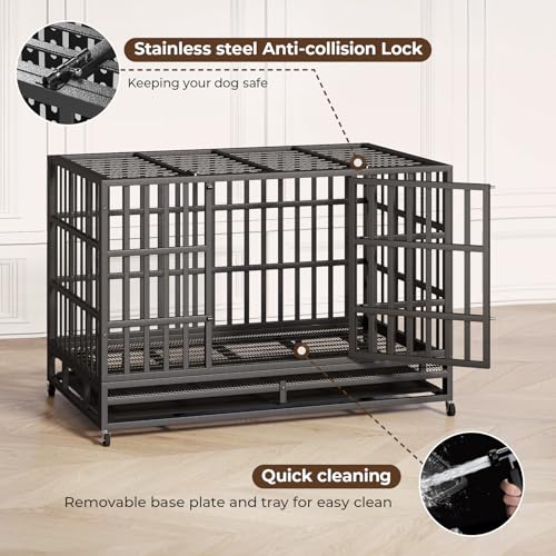 48 Inch Heavy Duty Indestructible Dog Crate Steel Escape Proof, Indoor Double Door High Anxiety Cage, Kennel with Wheels, Removable Tray, Extra Large XL XXL