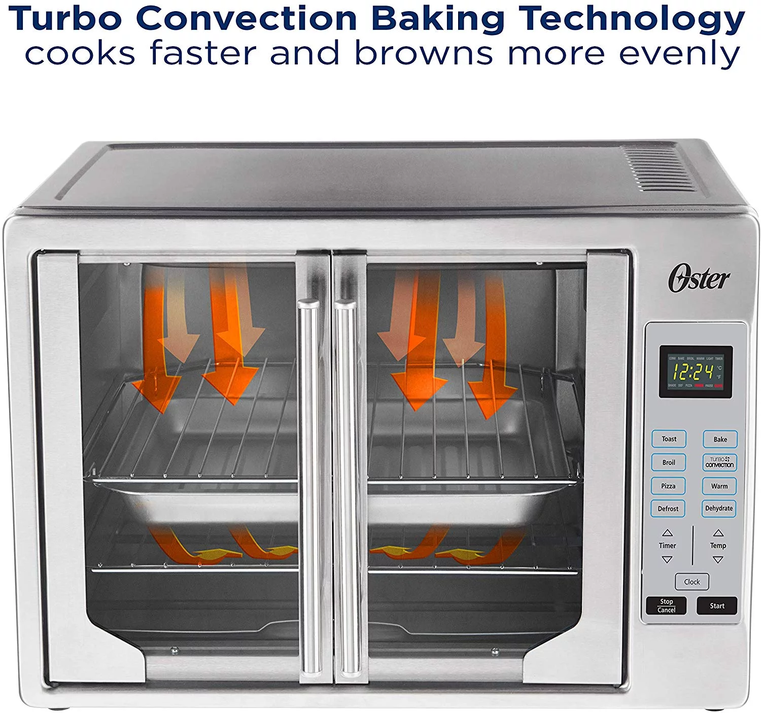 Oster Air Fryer Oven  10-in-1 Countertop Toaster Oven  XL Fits 2 16" Pizzas  Stainless Steel French Doors