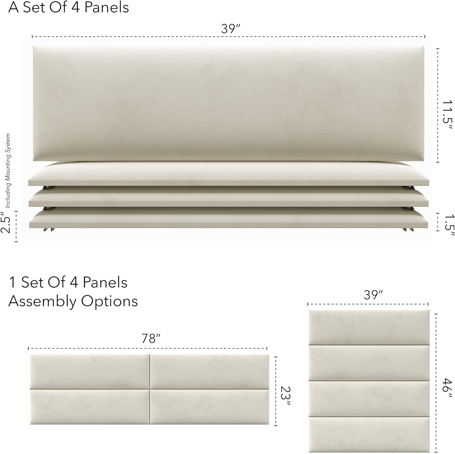 Upholstered Headboards - Accent Wall Panels - Velvet Ivory - /King - Set Of 4 Panels (Each Individual Panel 39"X11.5")