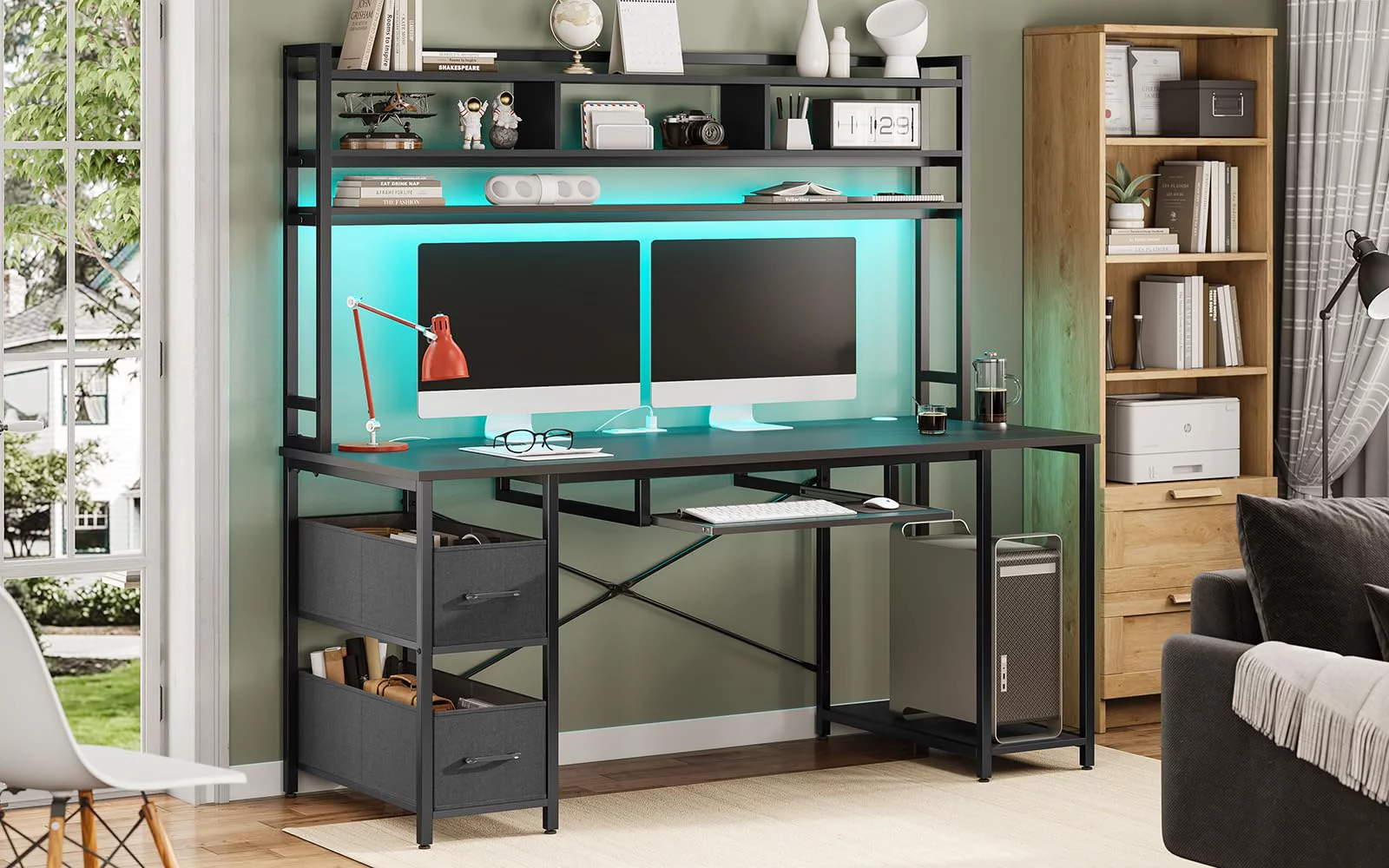 Computer Desk with LED Lights and Hutch, 55" Gaming Desk with Drawer, Power Outlet, Storage Shelves and Monitor Stand, Home Office Desk, Black