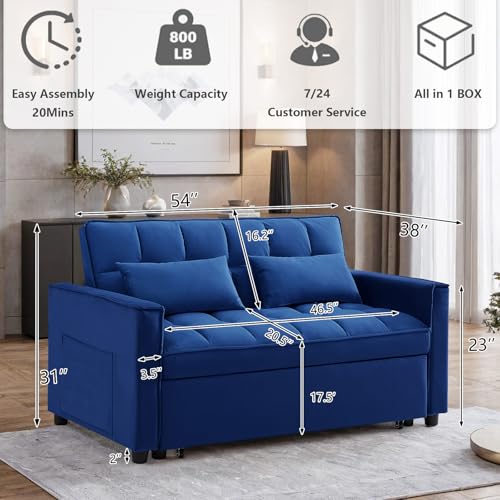3 in 1 Convertible Sleeper Sofa Bed,Futon Loveseat Couch with Pull-Out Bed & Adjustable Backrest,Velvet Fabric Sofa with Side Pocket for Small Apartment, Living Room, Office (Black)