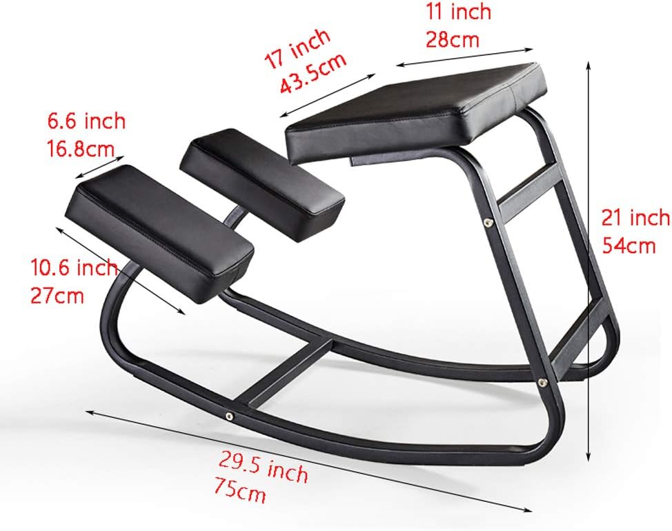 Black Leather Cushioned Rocking Kneeling Chair for Home and Office, Correct Posture Ergonomic Stool, 75 × 45 × 54cm