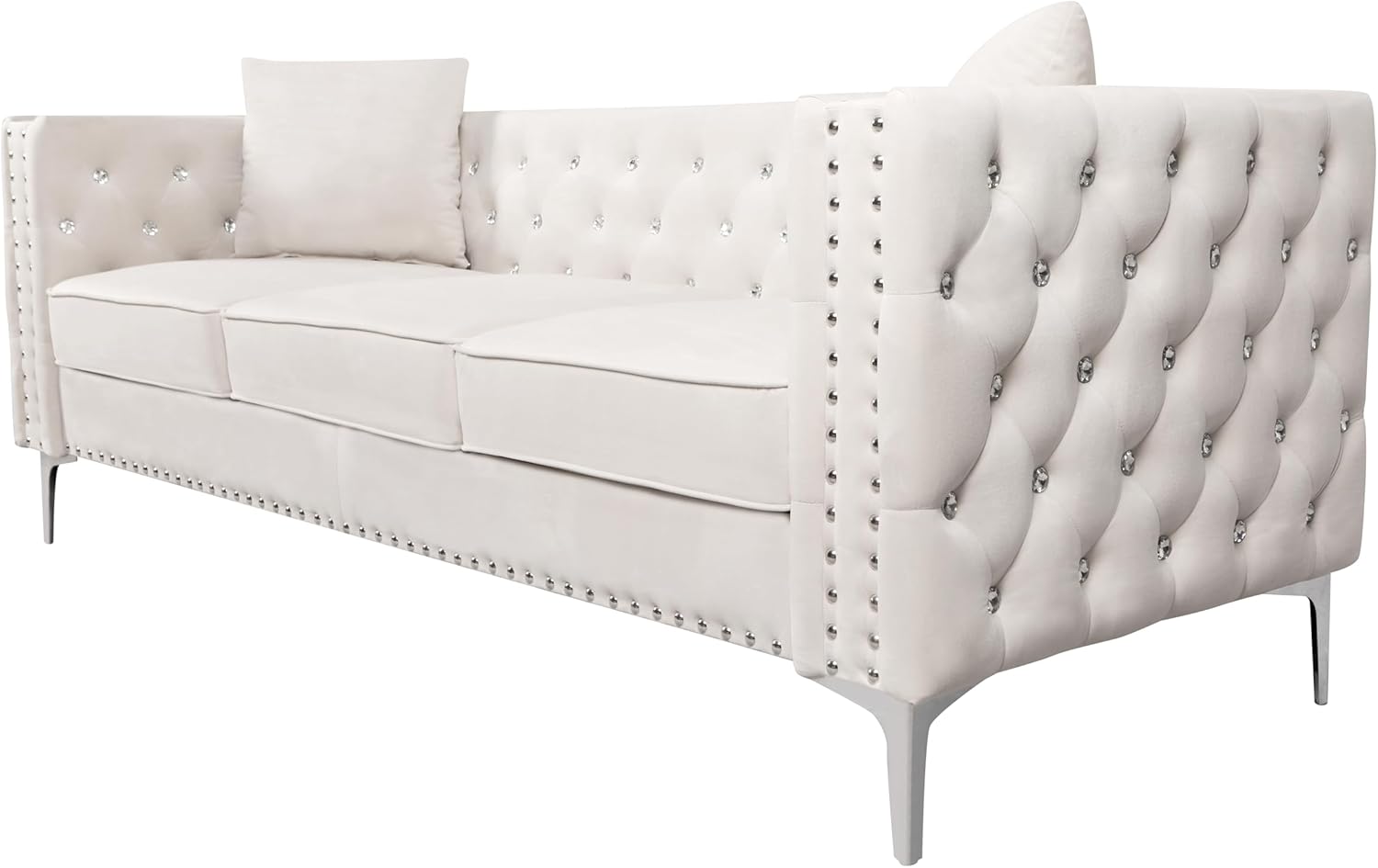 2 Piece Modern Velvet Living Room Set with Sofa and Loveseat,Jeweled Button Tufted Copper Nails Square Arms,4 Pillows Included,Beige,4 colors