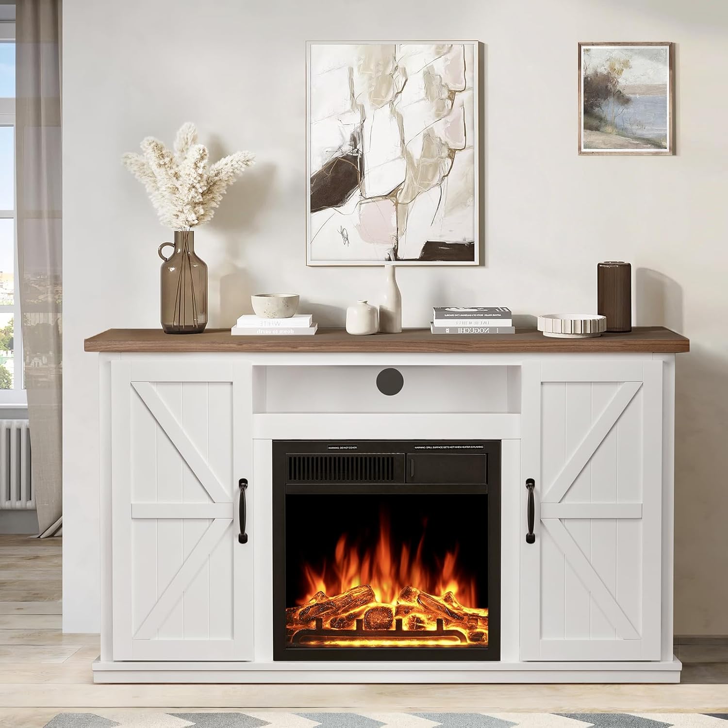 Xbeauty 47" Fireplace Mantel Wood Surround Firebox Fireplace Tv Stand Freestanding Corner Fireplace Heater Infrared Quartz Heater Adjustable Led Flame, Remote Control