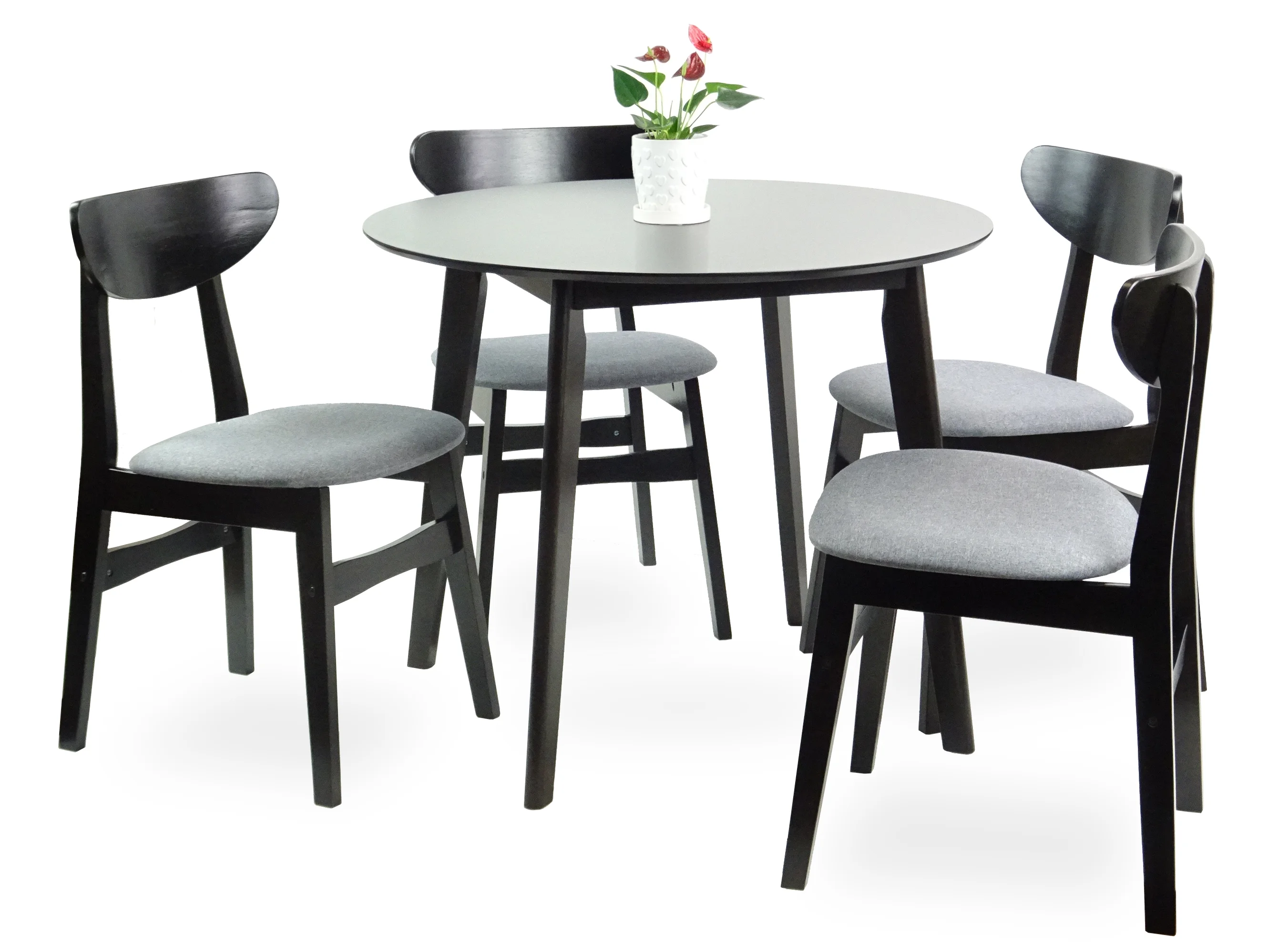 Set of 5 Dining Kitchen Round Table and 4 Yumiko Side Chairs Solid Wood w/Padded Seat, Espresso Color