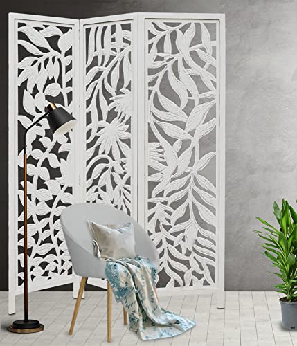 Room Divider Wood Screen - Ghanti Bells Antique Brown - 4 Panel Folding 72 x 80 - Assembled Hand Carved Decorative Functional Versatile Portable Partition Reversible Privacy Boho - COTTON CRAFT