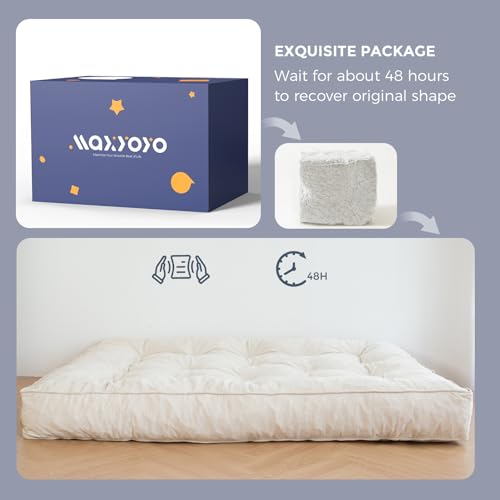 MAXYOYO 8" Futon Mattress Full Size, Extra Thick Futons Sofa Couch Bed, Velvet Floor Mattress for Adults, Shredded Foam Filling (Frame Not Included), Beige