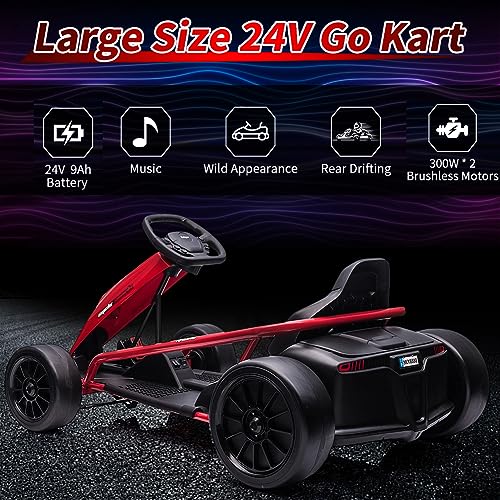 Go Kart for Kids,24V Battery 300WX2 Motors Pedal On Foot Go Cart,8MPH High Speed Drifting Car with Slow Start Function,Music, Horn,14.3" Wide Seat,Elastic Durable Tires,Max Load 1 Blue