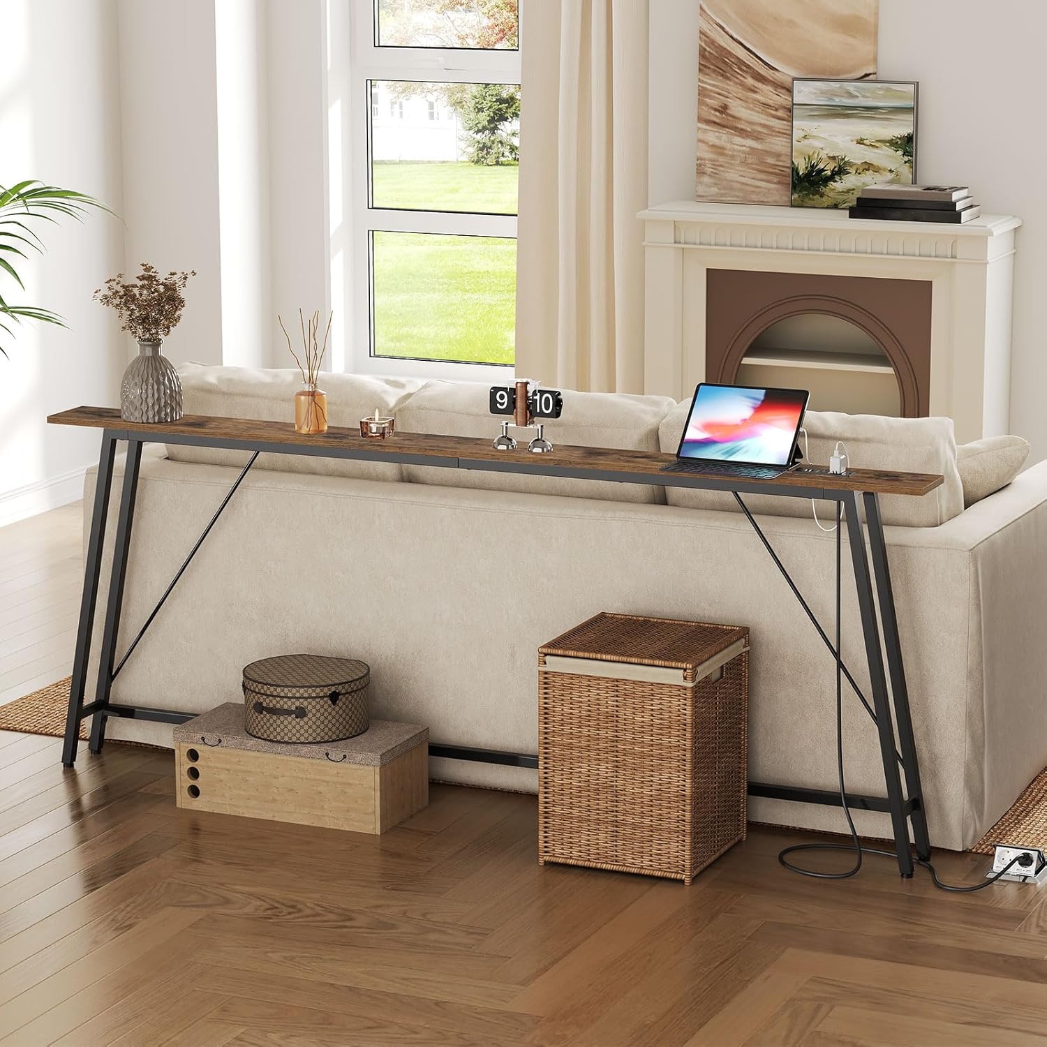 78.7" Console Table and 5.9" Skinny Console Table with Power Outlets Bundle, Extra Long Entryway Table, Narrow Sofa Tables Behind Couch, CT20BR-CT205UBR