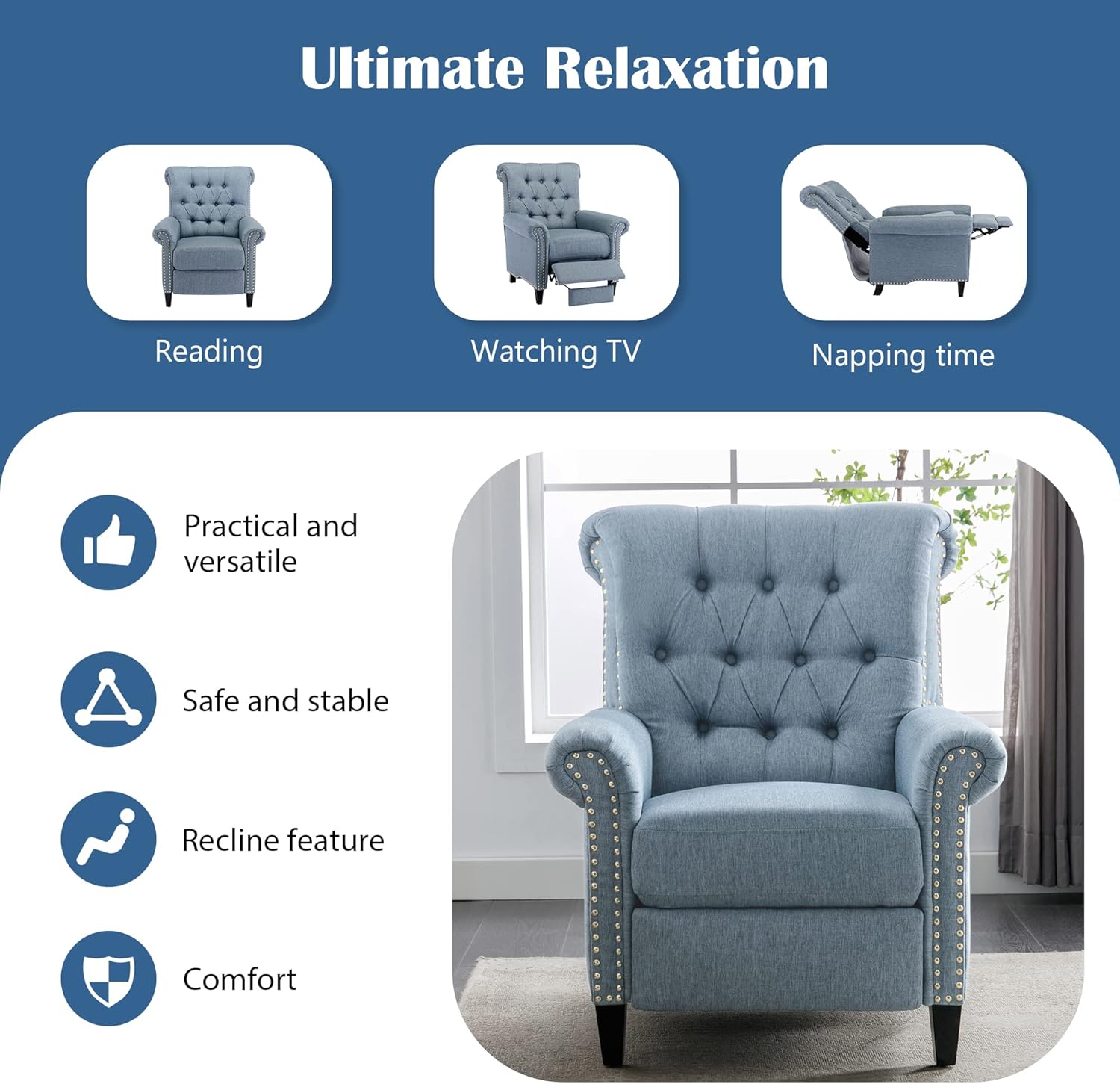 Pushback Recliner Chair, Linen Tufted Armchair Push Back Recliner with Rivet Roll Armrest, Single Sofa Accent Chair for Living Room and Bedroom