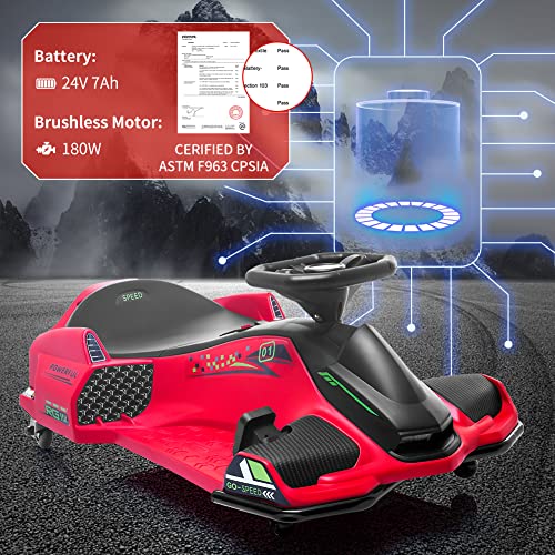 24V Kids Ride on Drift Car for Kids, Electric Drifting Go-Kart Up to 7.5 mph Variable Speed, Built-in Music,Colorful LED Light,USB,Low-Power Alarm (Blue, 24V)