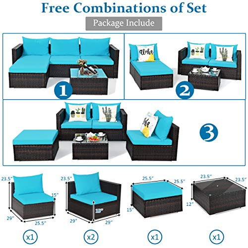 Tangkula 5 Piece Outdoor Patio Furniture Set, Sturdy Frame and Weight Capacity Up to 360 Pound, Wicker Sectional Sofa Set with Glass Top Coffee Table, Porch Garden Poolside Furniture for 4 (Turquoise)