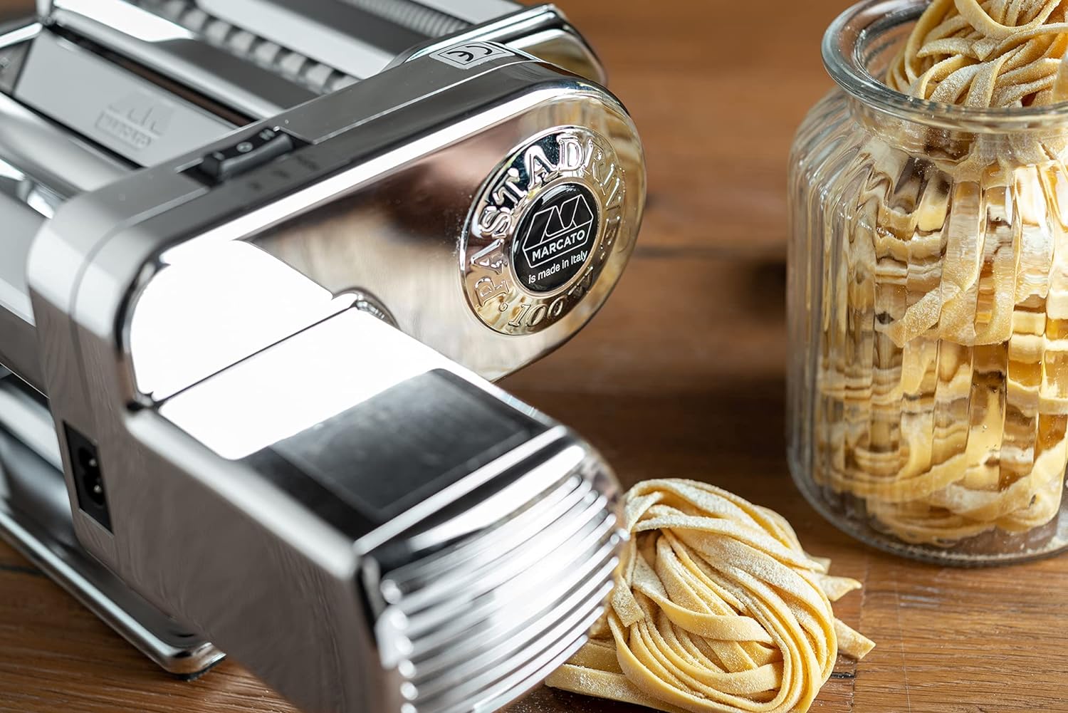 Made In Italy Atlasmotor 110V Electric Pasta Machine, Chrome Steel. Set Includes Atlas 150, Handcrank, Clamp, Pastadrive Motor, And Instruction Manual